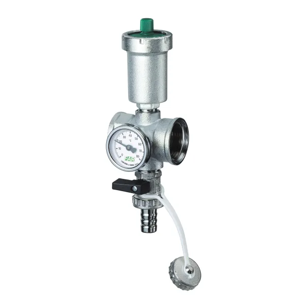 Соңғы торап 1″ ішкі бұранда, автоматты ауа шығарғышы, 0–80 °C термометрі, ағызу краны бар, FAR