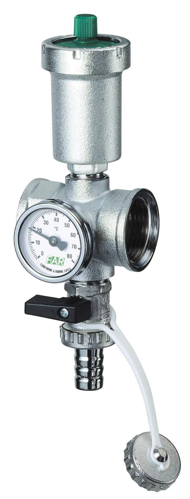 Соңғы торап 1″ ішкі бұранда, автоматты ауа шығарғышы, 0–80 °C термометрі, ағызу краны бар, FAR